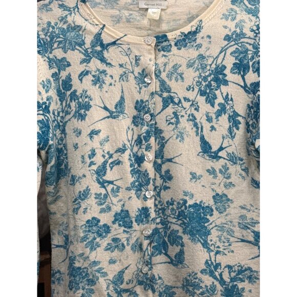 Garnet Hill Size L Blue Floral ButtonFront Merino Wool Cropped Cardigan Sweater - Picture 2 of 7